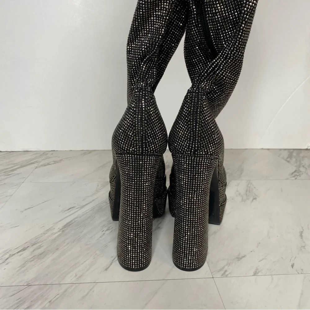Steve Madden Sultry Rhinestone Thigh High Pointy Toe Platform Heeled Boot 8 1/2